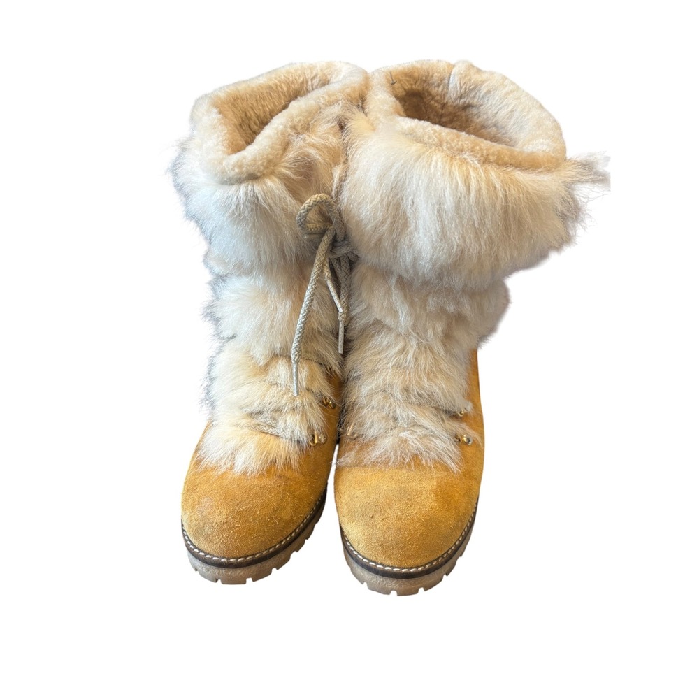 La Montelliana Italian Suede Shearling Fur Trim Après Ski Boots Tan Gold Sz 40